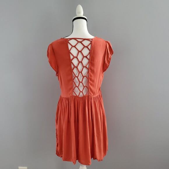 Silence + Noise Short Sleeve Lattice Back Orange Sundress Size L - Picture 2 of 12